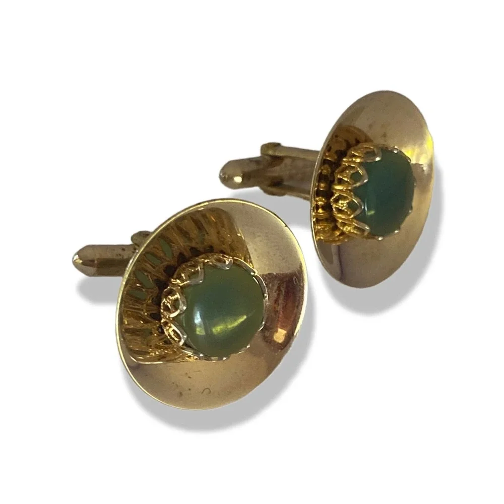 SWANK Gold Tone and Jade Cabochon Cufflinks
